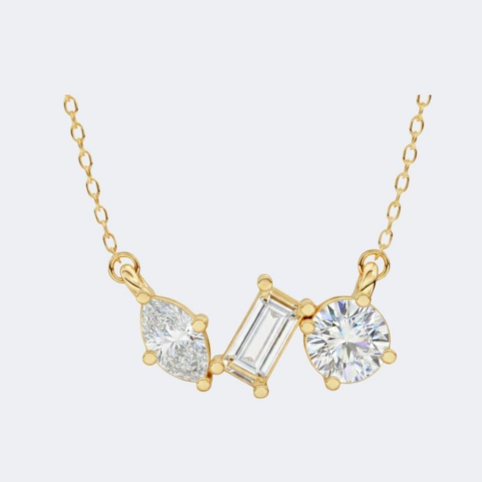 1.50CTW Round, Baguette & Marquise Shape Pendant Necklace - Trilogy (Three-Stone) Pendant Necklaces