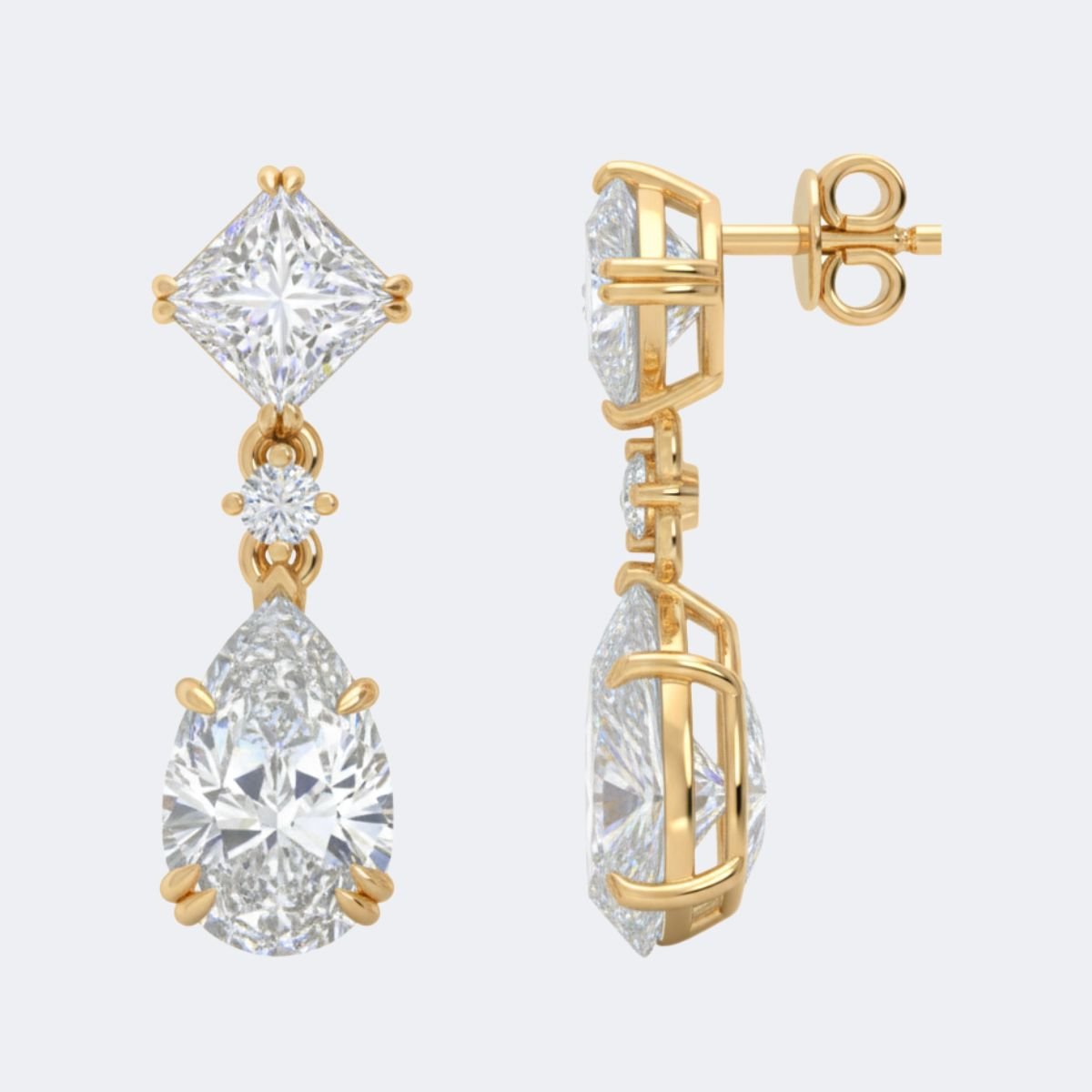 3.10 CTW, Princess, Pear, and Round, Prong/Claw Setting, Three-Stone Drop / Linear Earrings