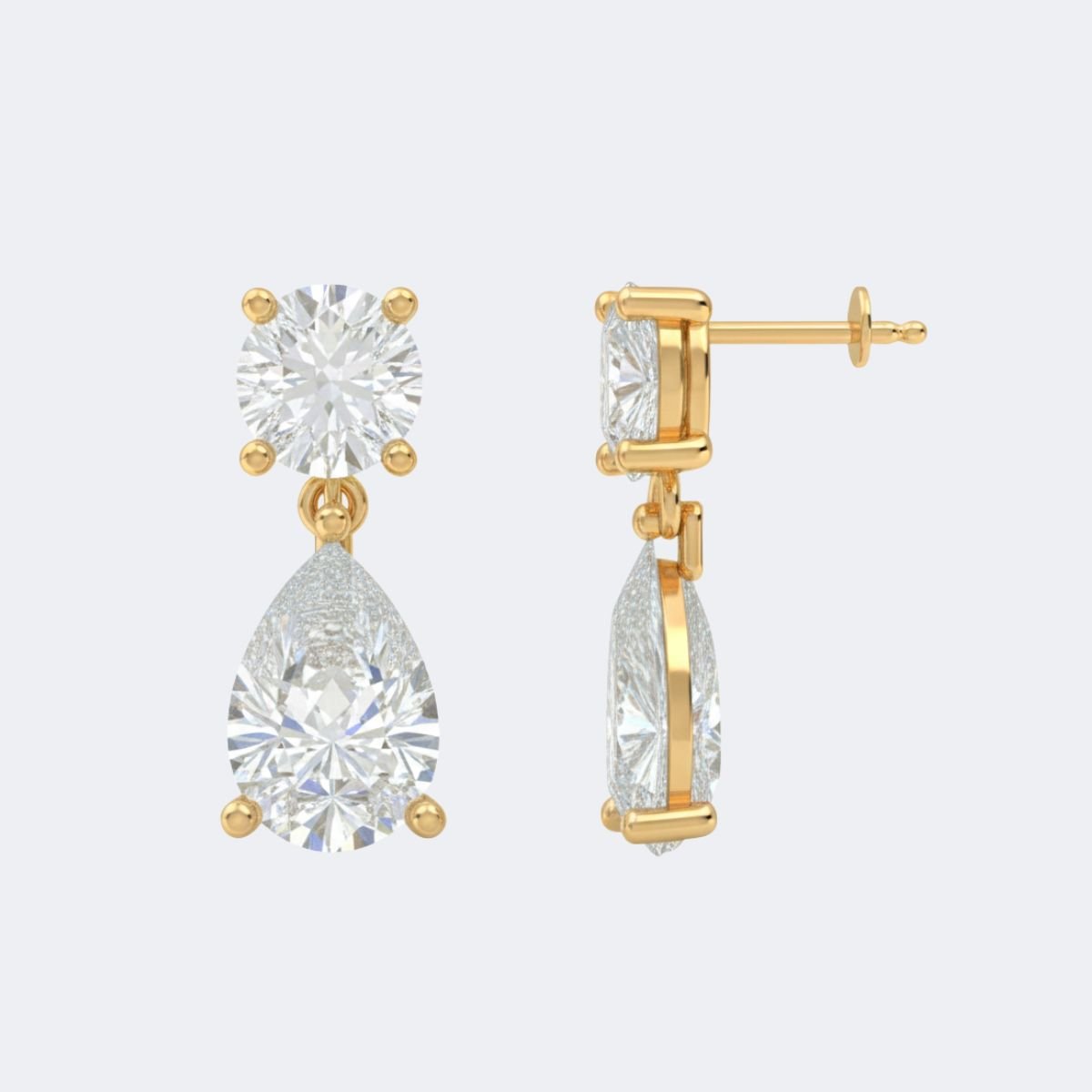 6.55 CTW, Round and Pear, Prong/Claw Setting, Two-Stone Drop / Linear Earrings