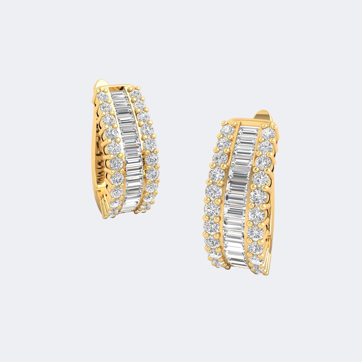 4.90CTW Baguette Round Mixed Set Triple Row Huggie Hoop Earrings