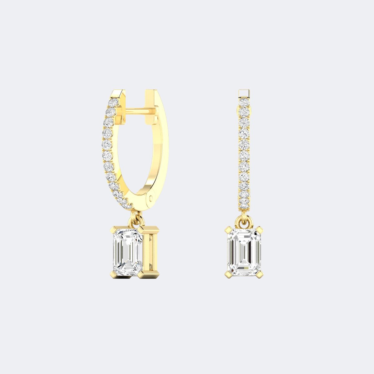 1.20CTW, Emerald Cut/Round, Prong/Bezel/Pav?, Huggie Drop / Linear Earrings