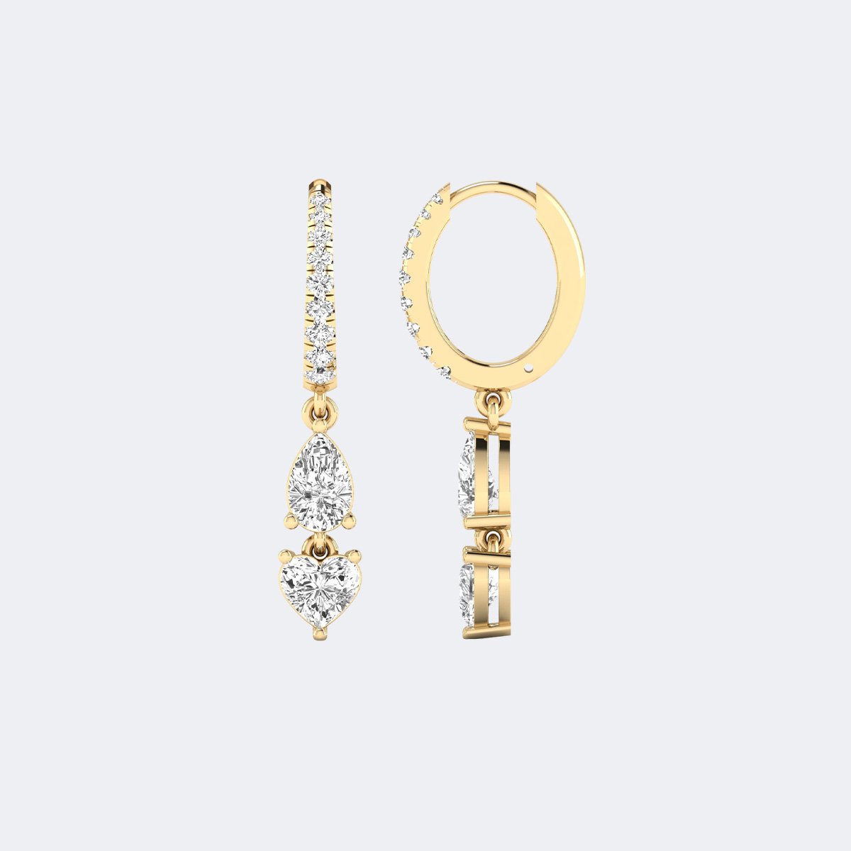 1.40CTW, Pear/Round And Heart, Prong/Pav?, Huggie Drop / Two-Stone Linear Dangle