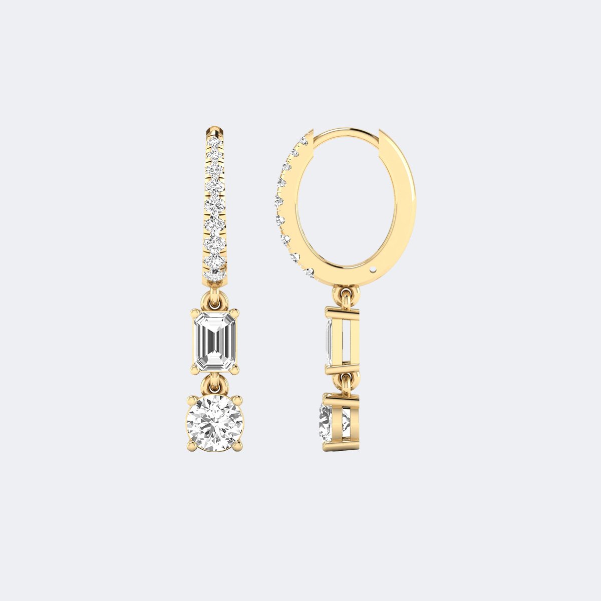1.40CTW, Round/Emerald Cut, Prong/Bezel/Pav?, Huggie Drop / Two-Stone Dangle