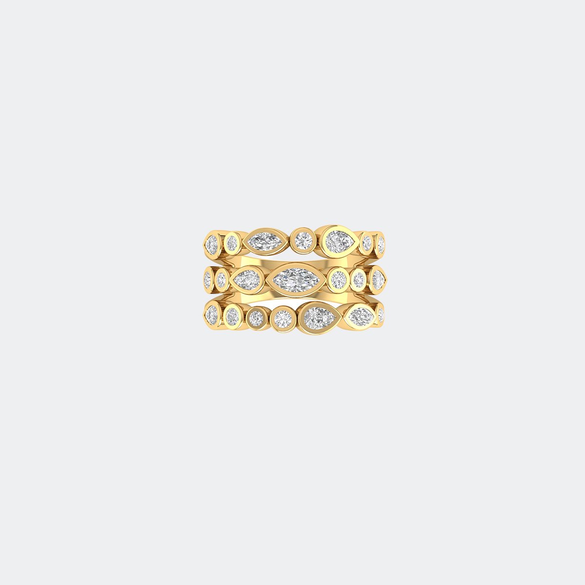 1.45CTW Round Pear Marquise Cut Bezel Set Multi-Band Cluster Statement Ring