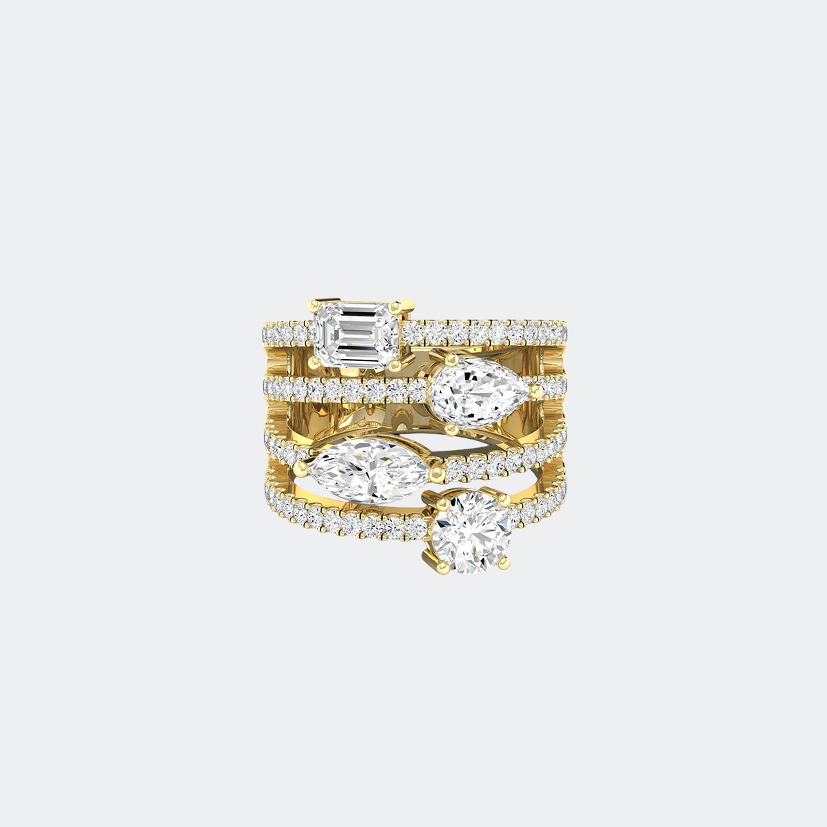2.75CTW Mixed Shape Pav? Prong Set Wide Multi-Row Statement Ring